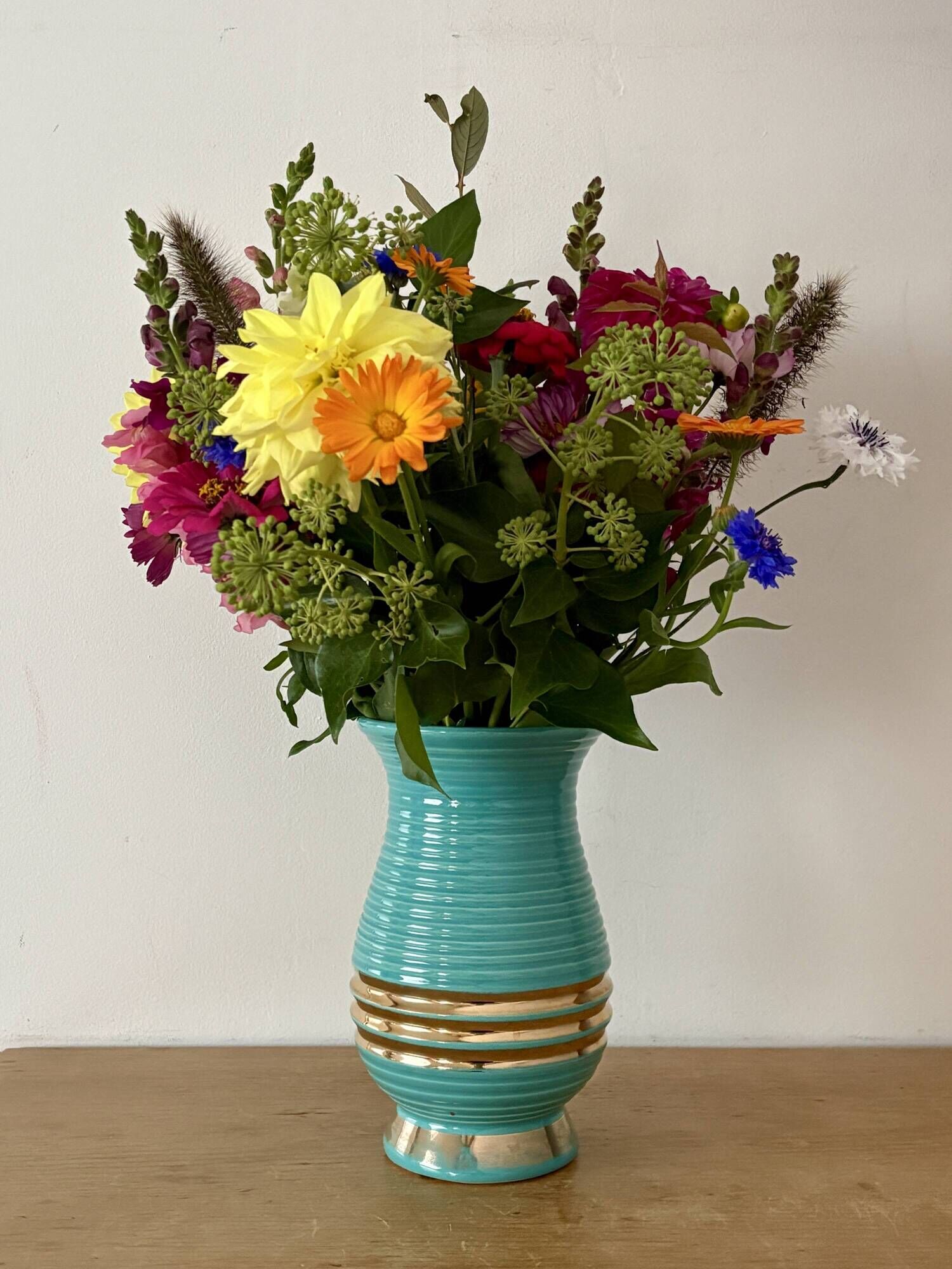 Vintage Art Deco vase in blue and gold ceramic