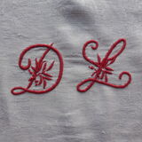 Antique tablecloth and 6 damask towels decoration foliage + dragonfly embroidered DL