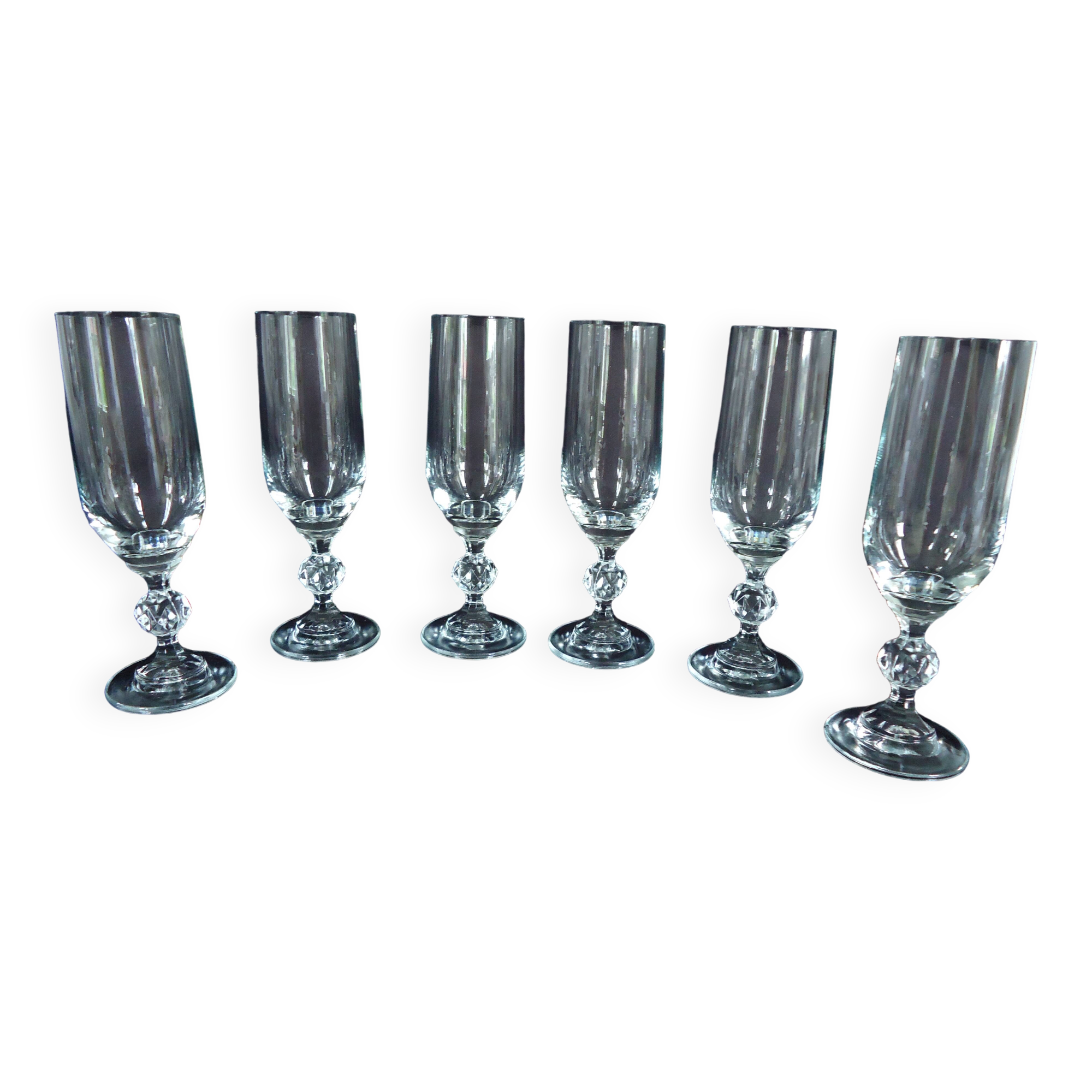 Bohemian crystal champagne flutes, foot with faceted ball
