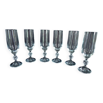 Bohemian crystal champagne flutes, foot with faceted ball