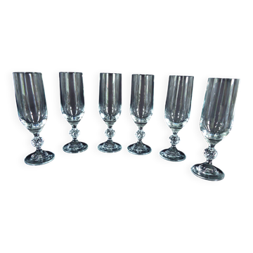 Bohemian crystal champagne flutes, foot with faceted ball