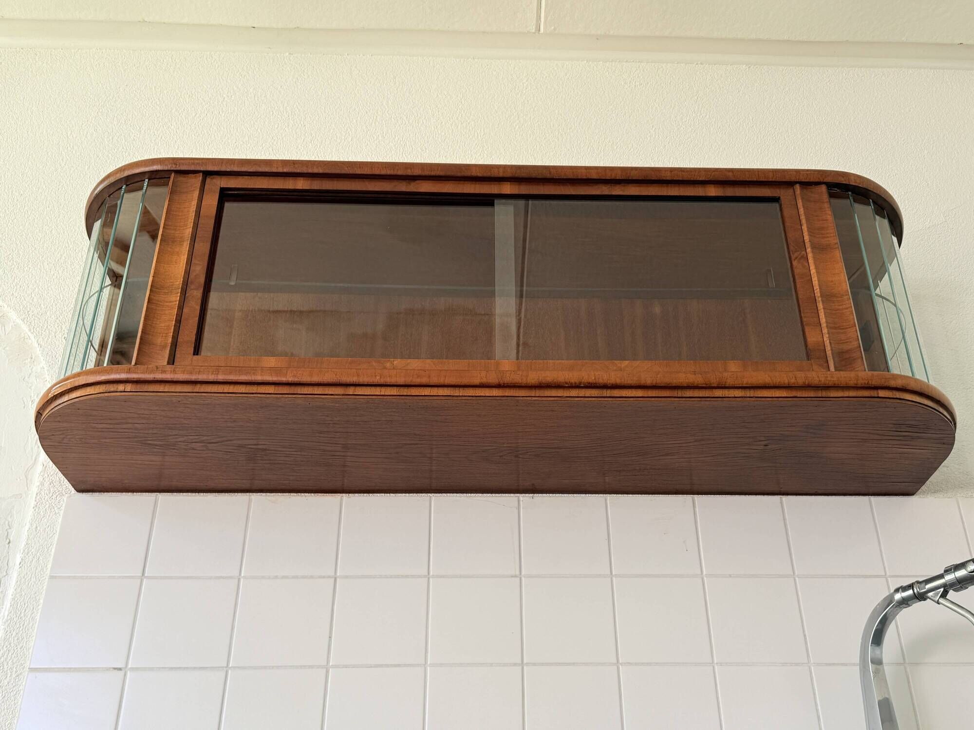 Polish Mid-Century Modern Wall Showcase Cabinet – Beveled Glass & Wood Vene