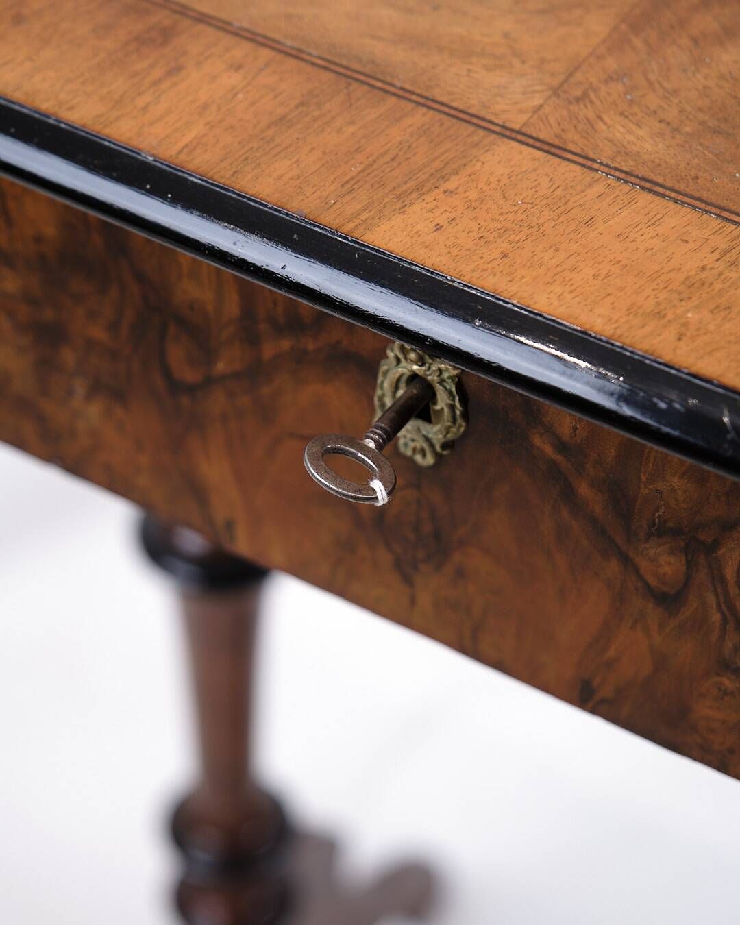 Antique sewing/side table with built-in storage - hand polished mahogany - turned legs - year 1890s
