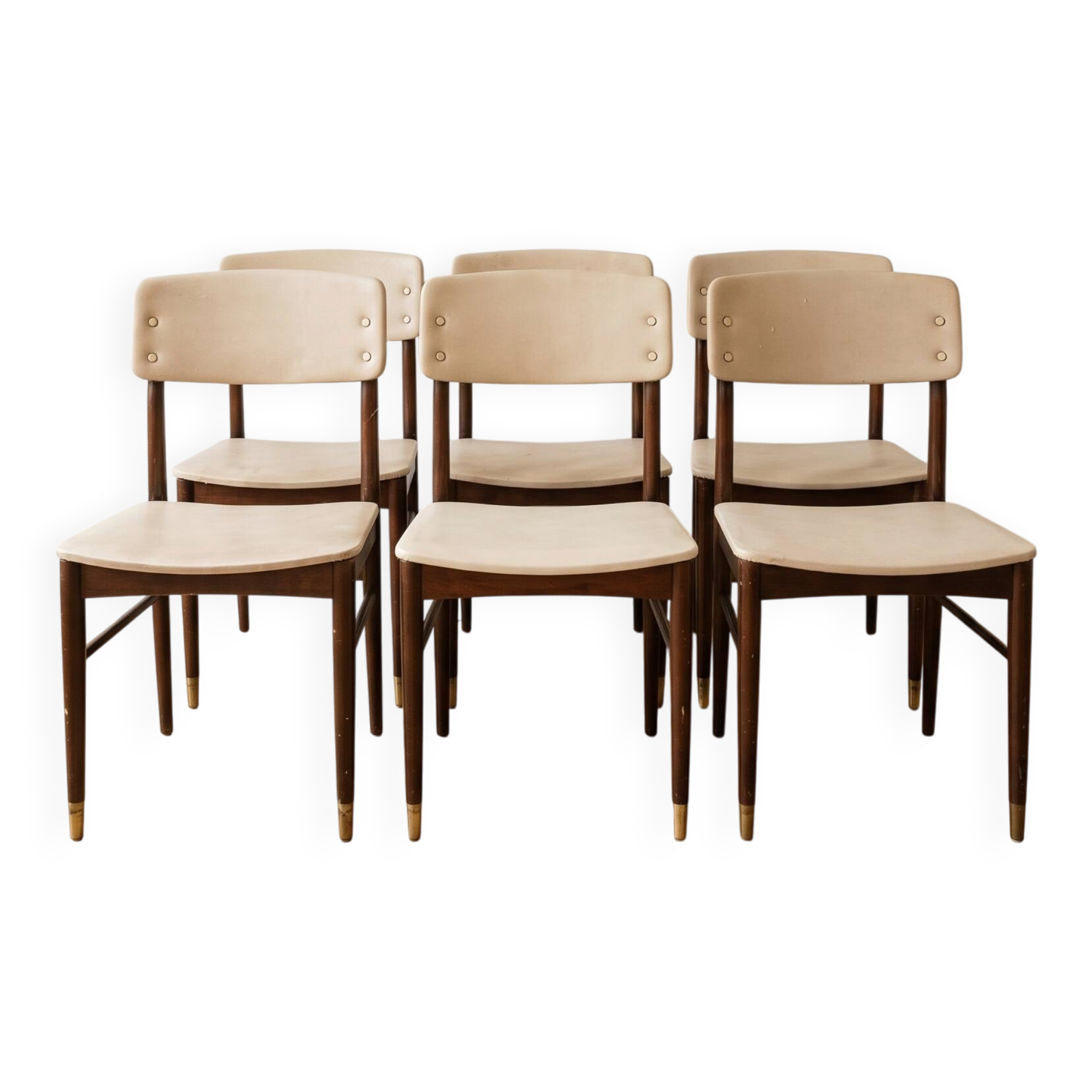 Set of 6 vintage 1950s chairs in wood and faux leather.