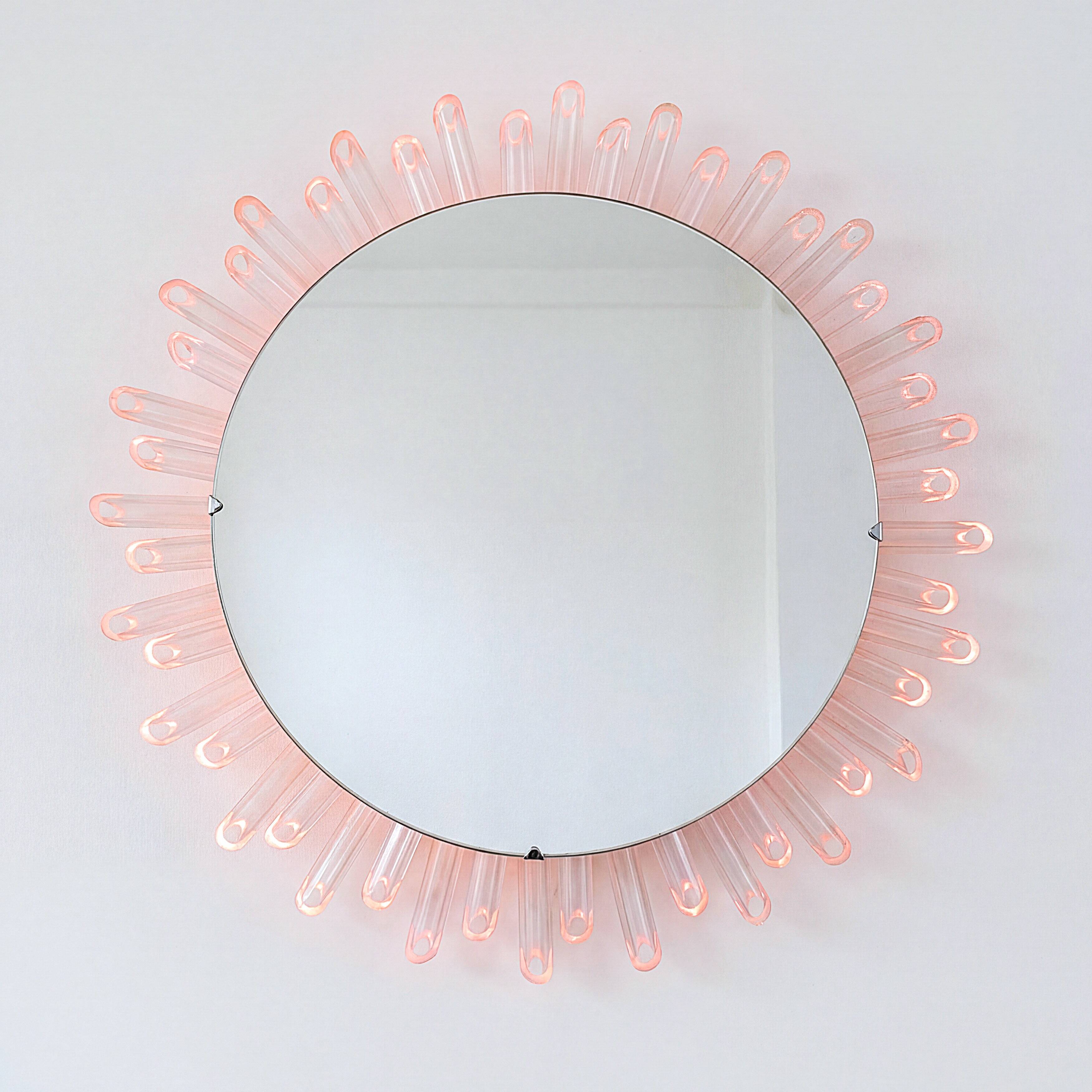 Mid-Century Modern Sunburst Mirror Wall Lamp in Lucite with Pink Glow, 1970