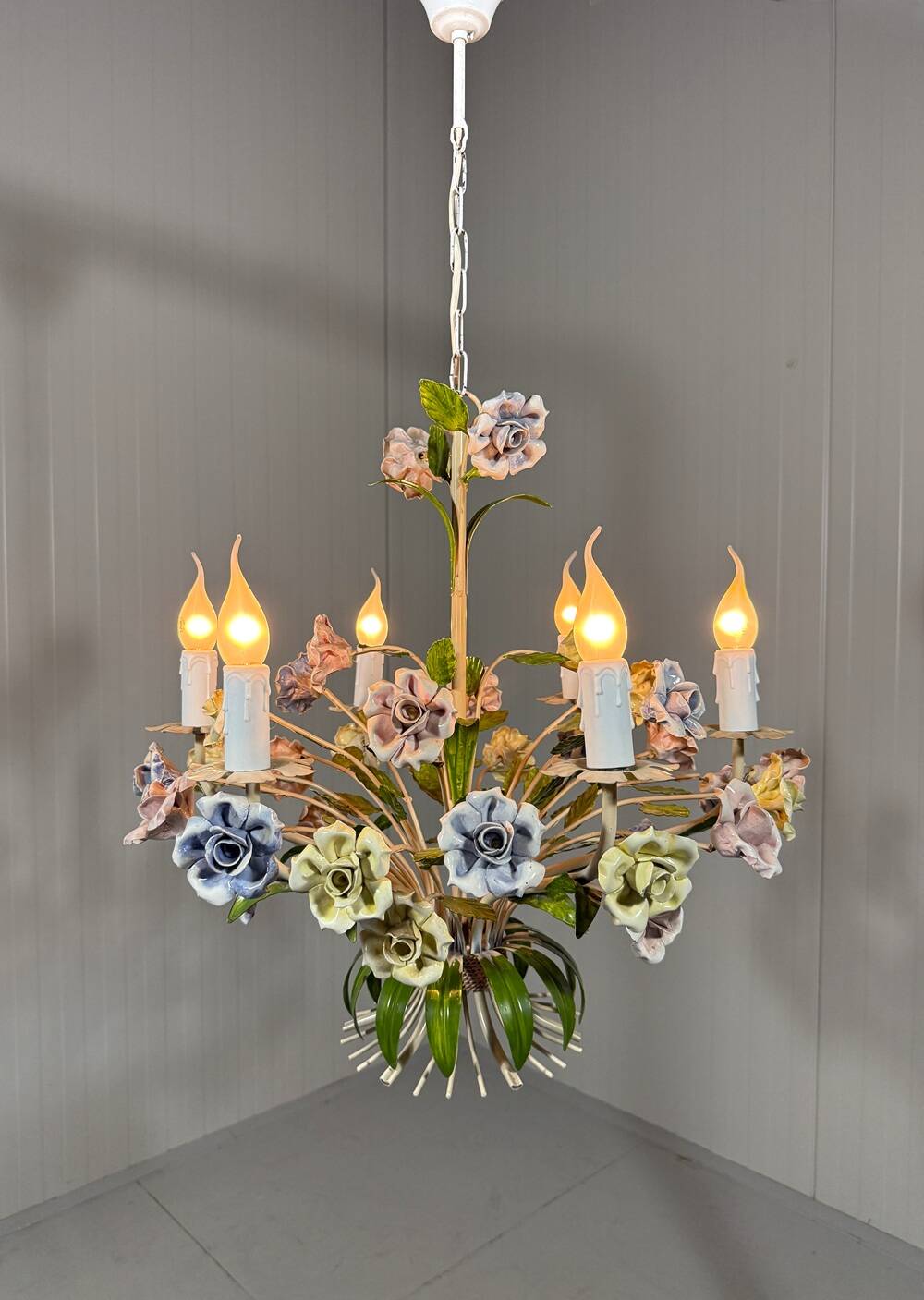 Italian tole chandelier porcelain flowers 1950’s