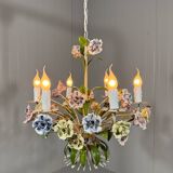 Italian tole chandelier porcelain flowers 1950’s