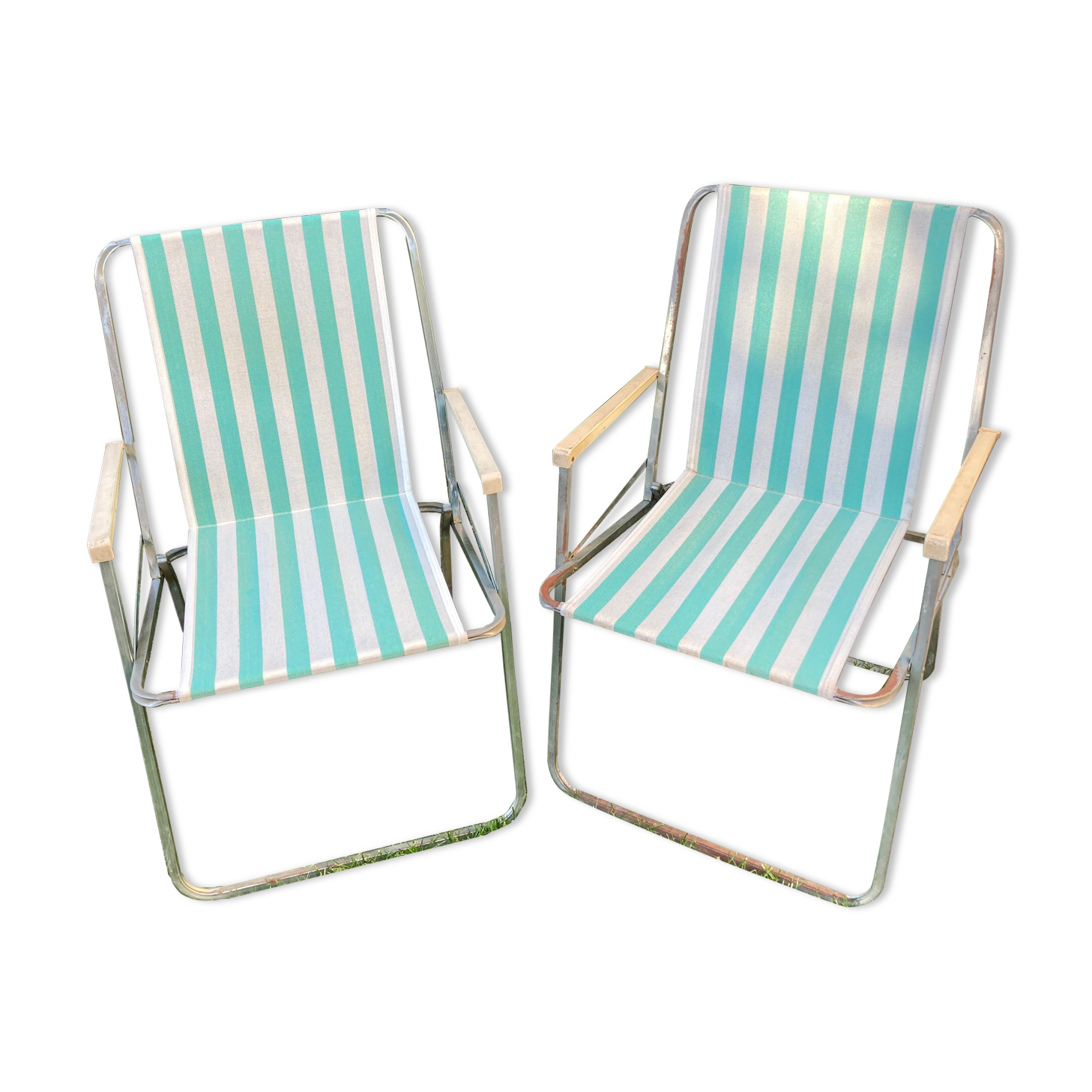 Pair of vintage camping chairs striped green and white