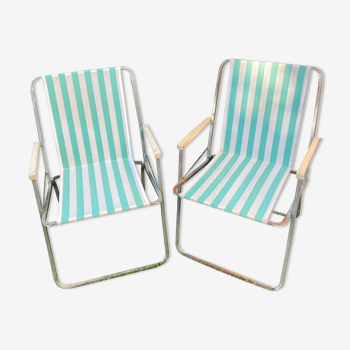 Paire de fauteuils de camping vintage rayés vert et blanc