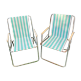 Paire de fauteuils de camping vintage rayés vert et blanc
