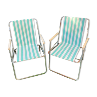 Pair of vintage camping chairs striped green and white