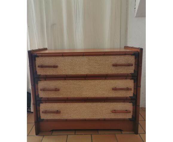 Chest of drawers rattan, bamboo and vintage wood year 70.