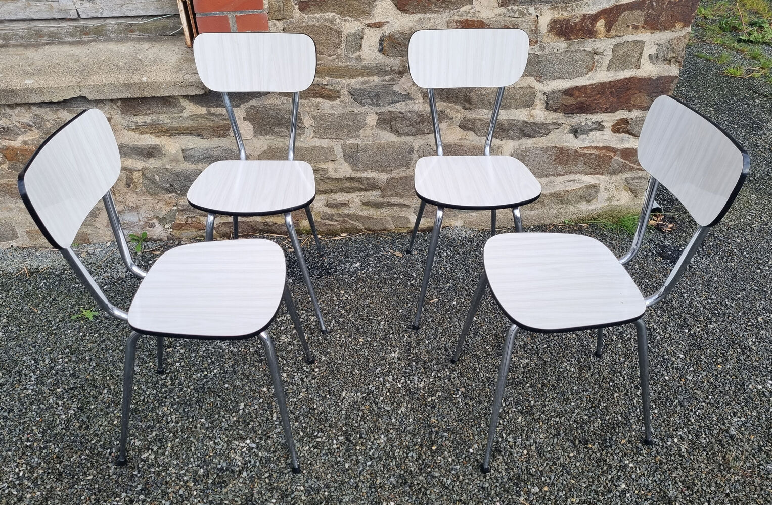Set in white formica, table and 4 chairs, vintage, 70s