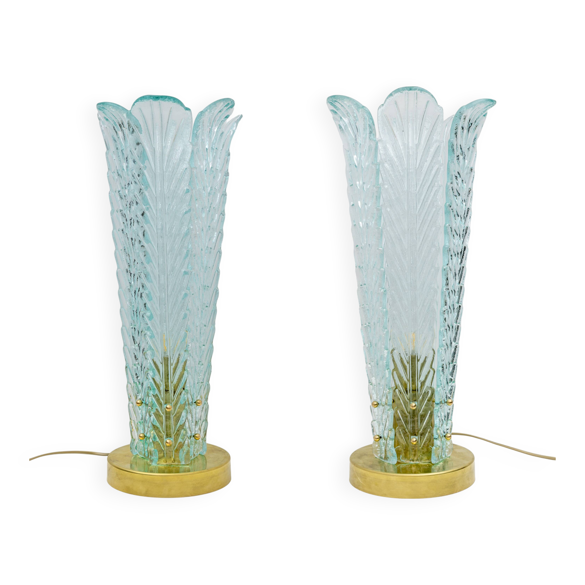 Mid-Century Modern Brass and Murano Glass Leaf Palm Table Lamps