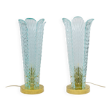 Mid-Century Modern Brass and Murano Glass Leaf Palm Table Lamps