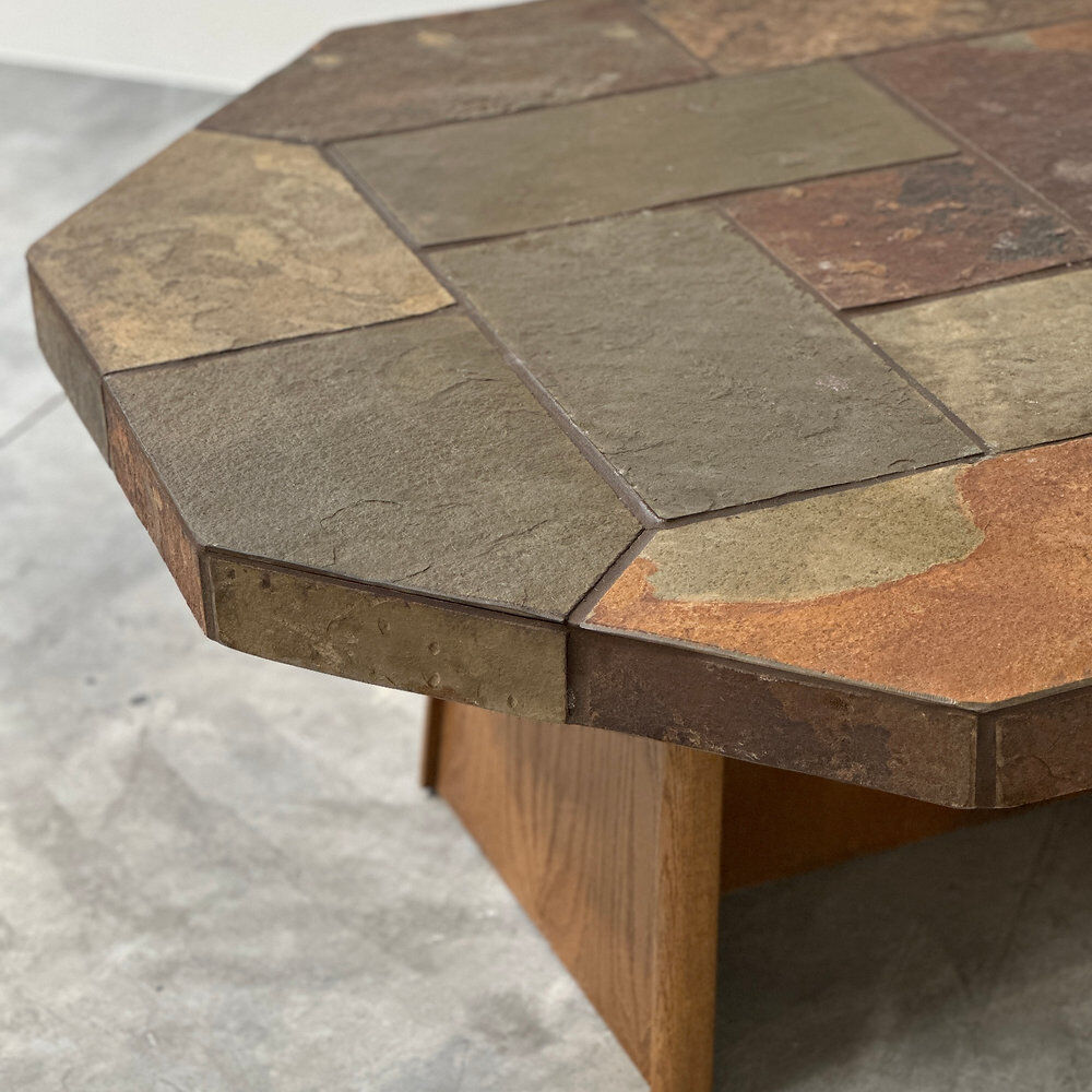 Large vintage slate mosaic coffee table, oak pedestal base, brutalist octagonal