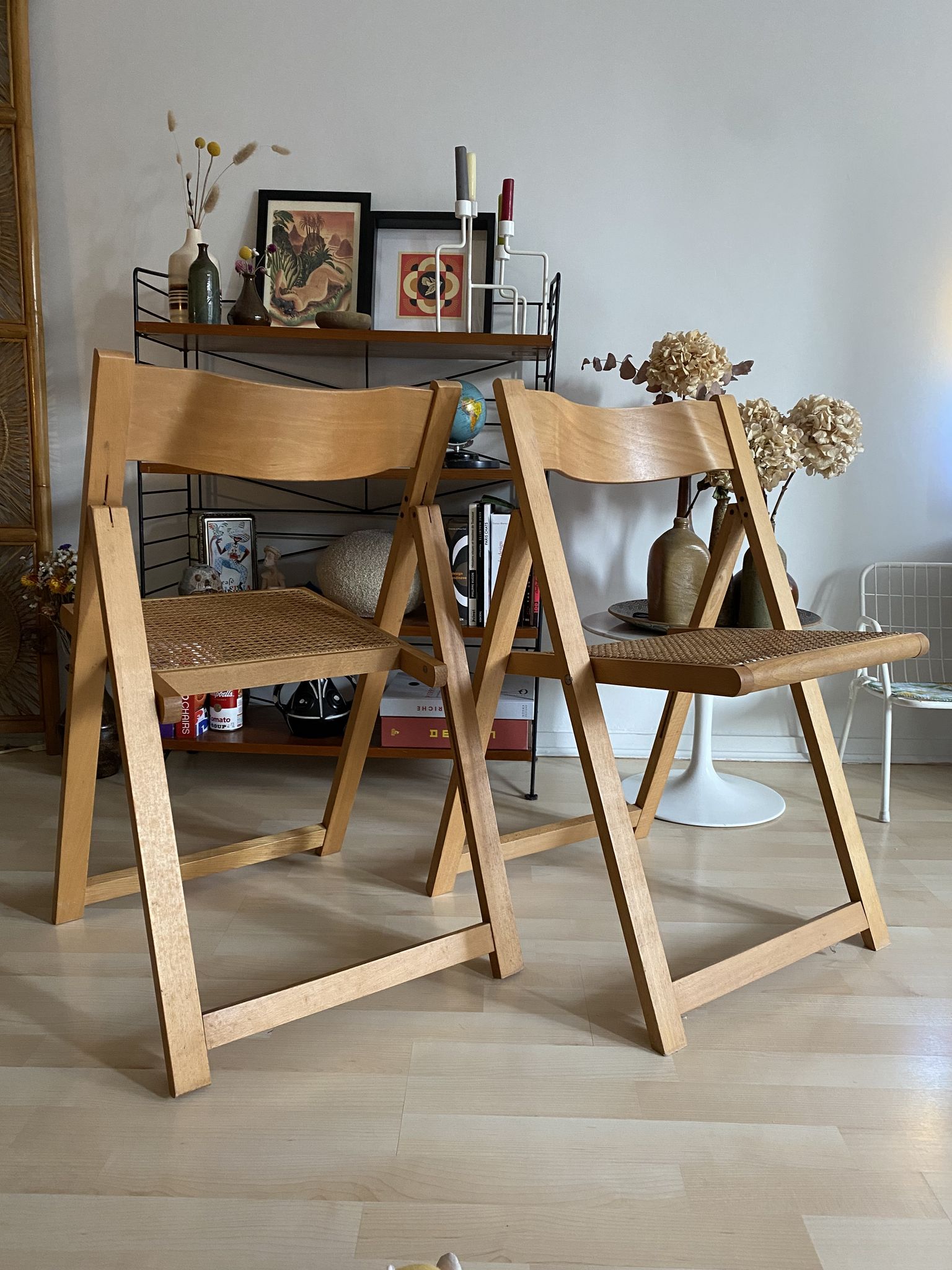 Duo of Italian chairs wood and cannage of the 60s