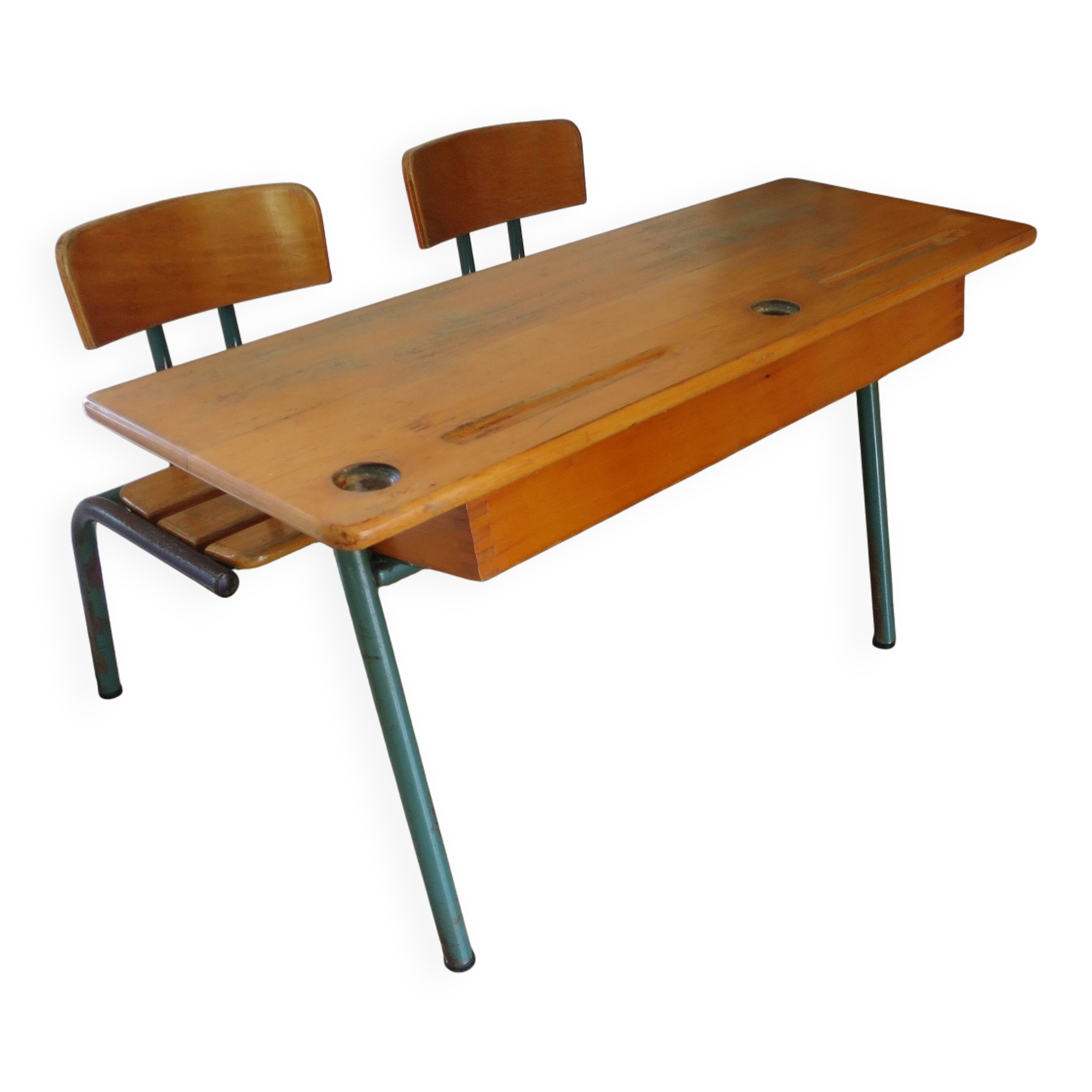 Bureau d’écolier vintage en bois et métal - Bureau double