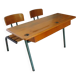 Bureau d’écolier vintage en bois et métal - Bureau double