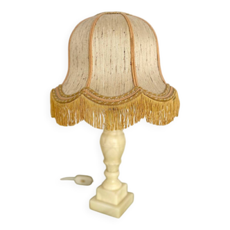 Vintage alabaster lamp base with fringed pagoda shade