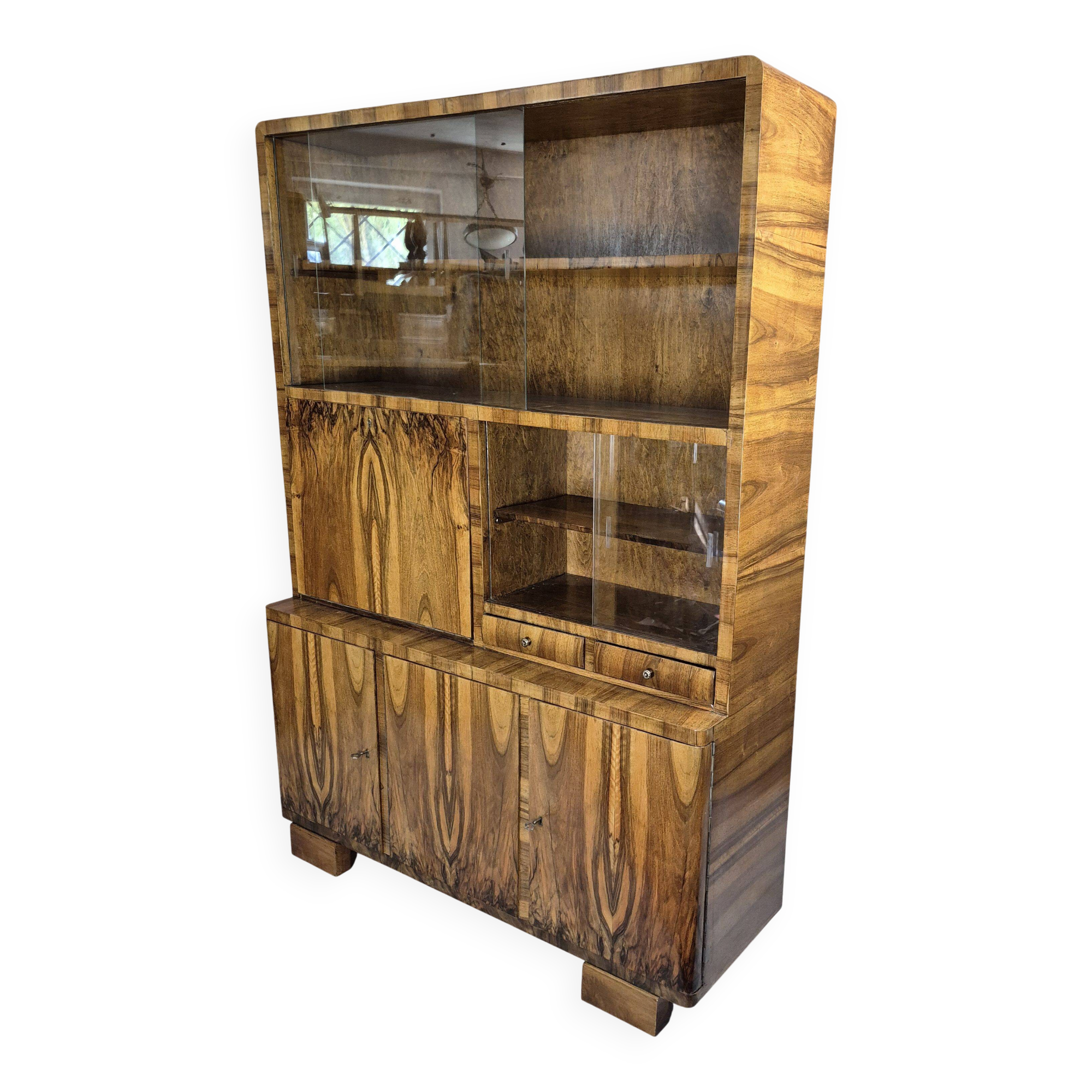 Restored Mid-Century Flame Walnut Highboard with Bar Cabinet - 1960s