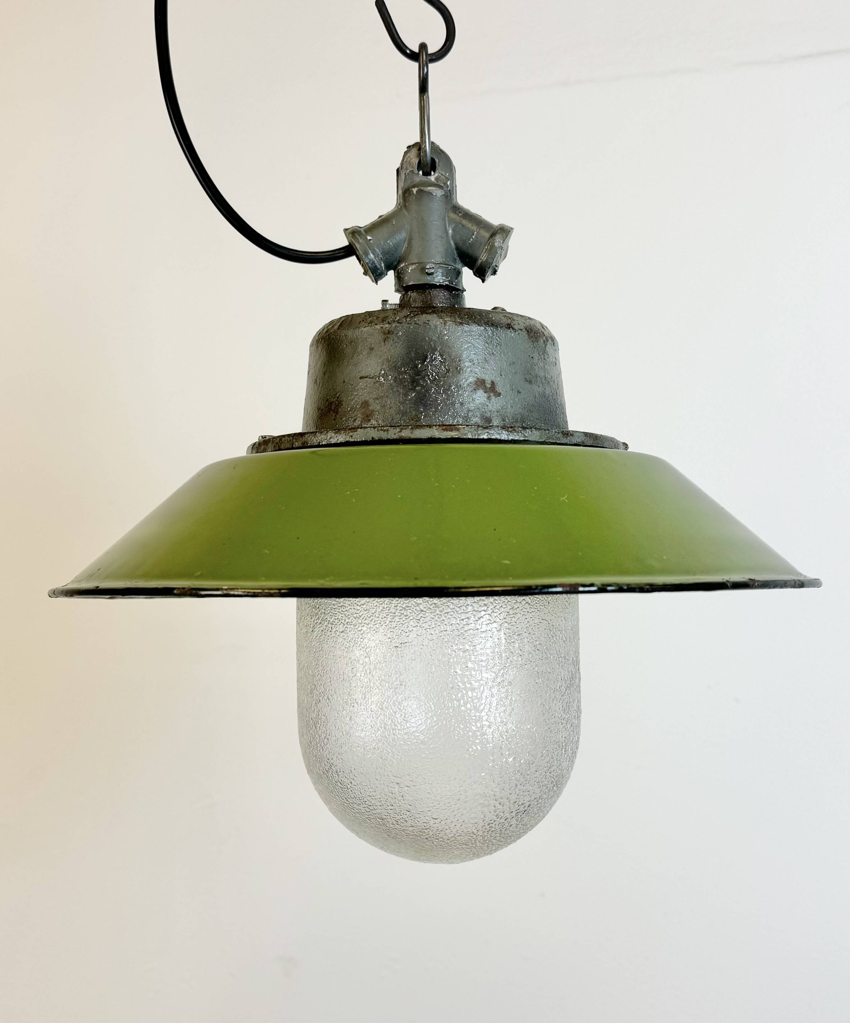 Green Enamel and Cast Iron Industrial Pendant Light, 1960s