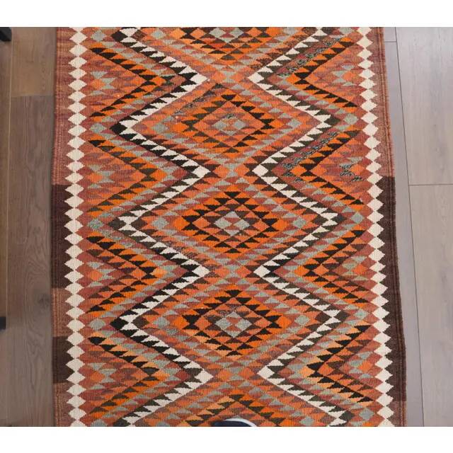 1970s Vintage Turkish Hand-Knotted Wool Cotton Orange Runner Rug 96x346