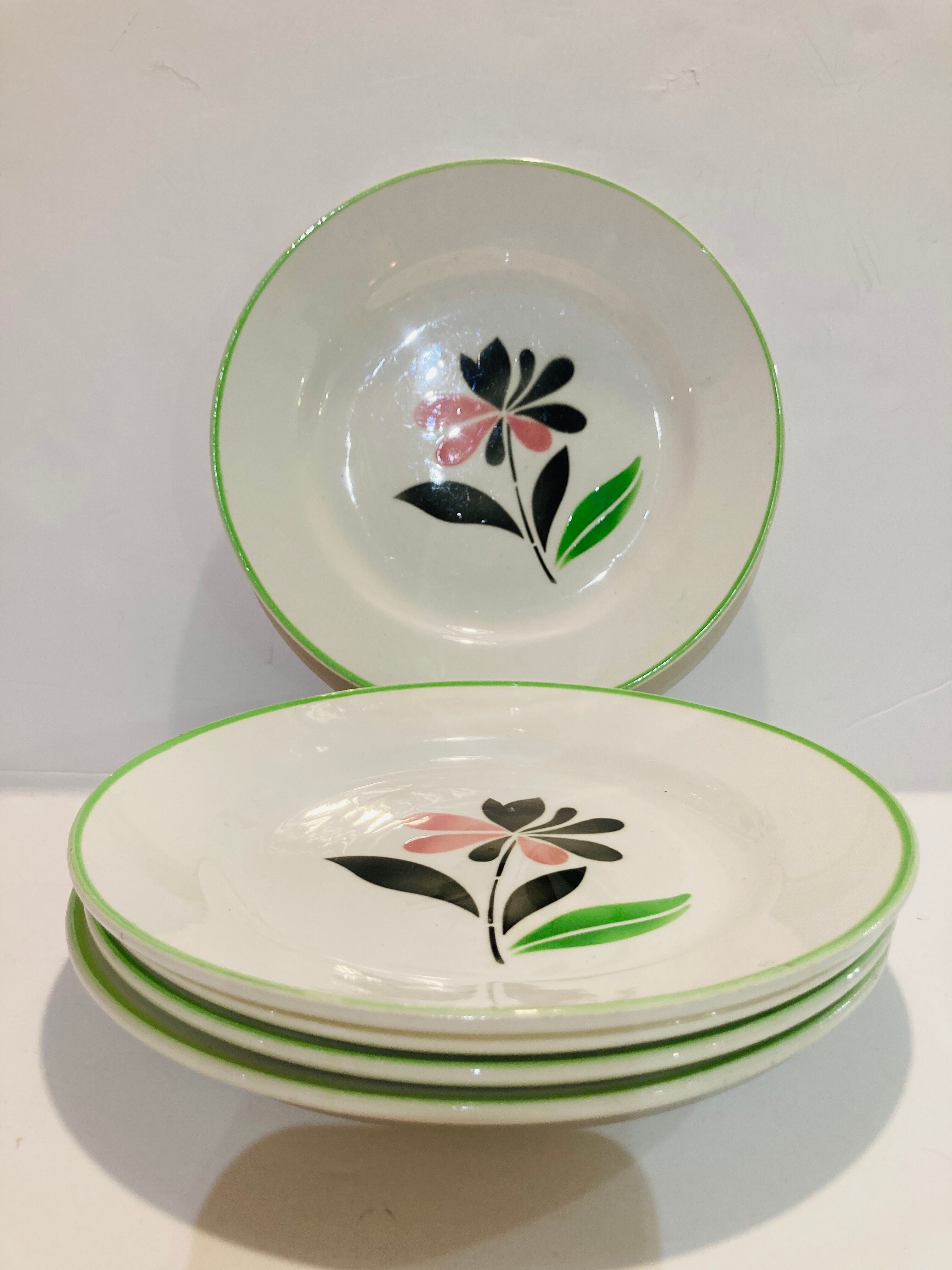 X5 small plates floral pattern glass Digoin sarreguemines Rustic -France -retro-vintage