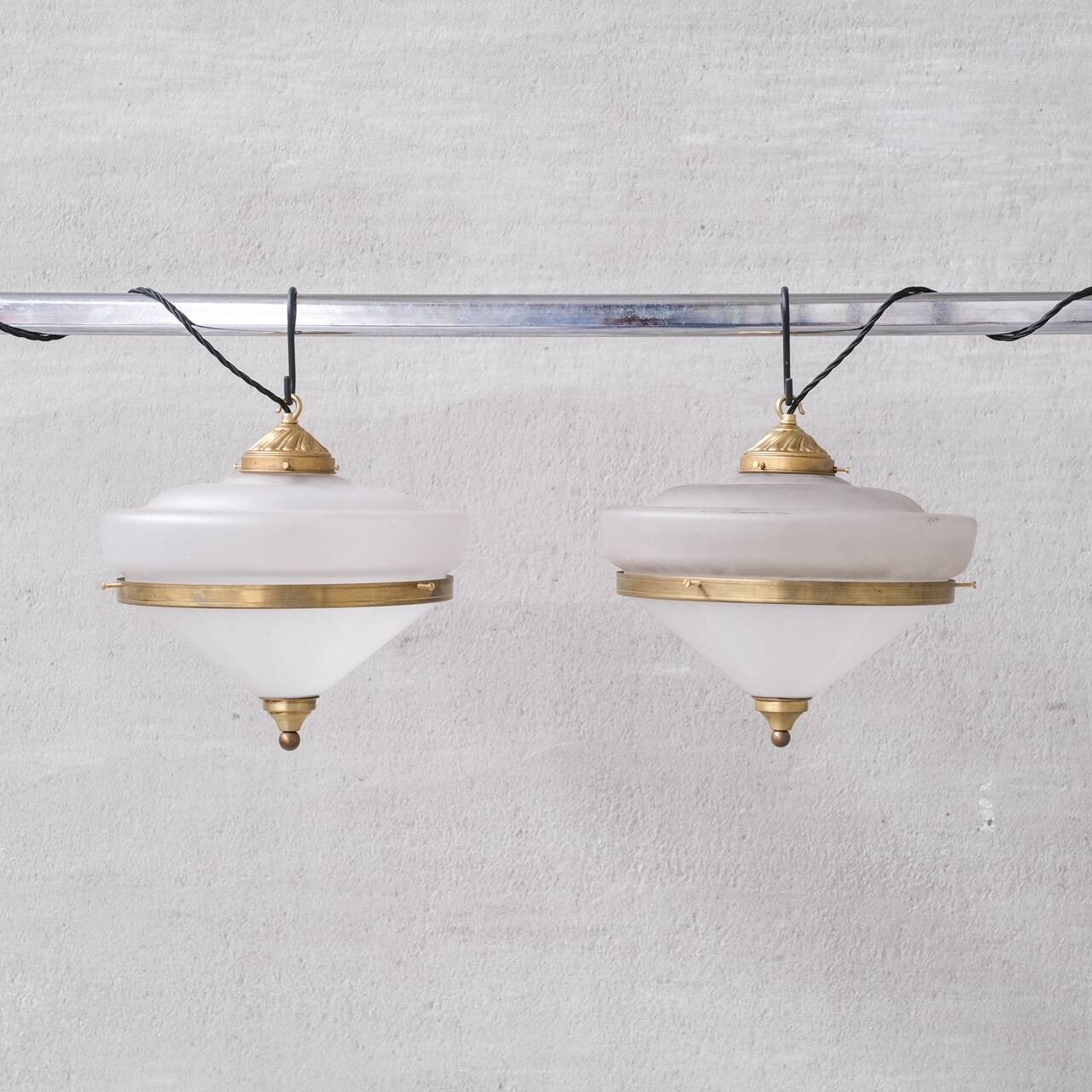 Two Tone Mid-Century French Brass and Glass Pendant Light (5 available)