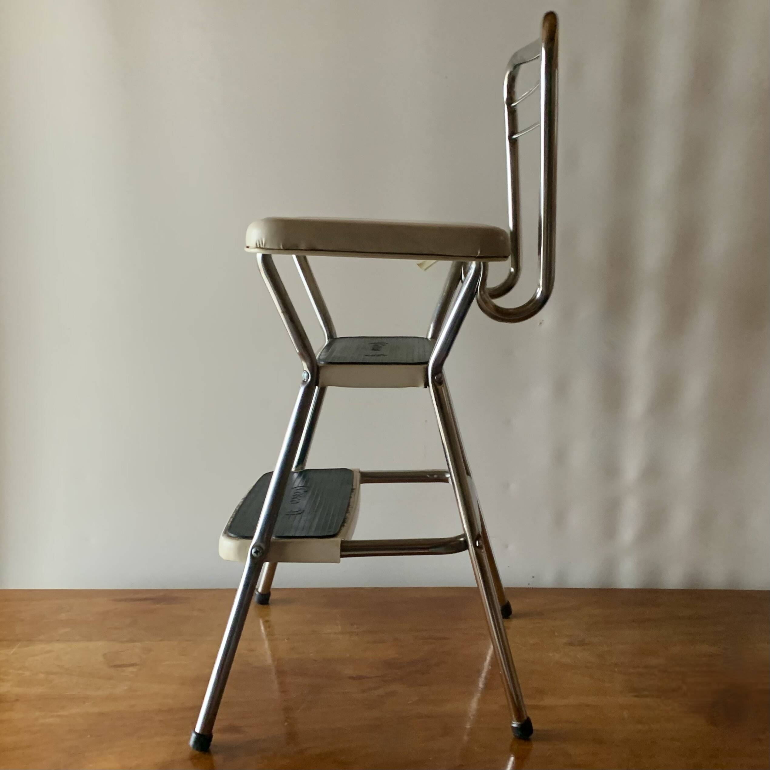 Vintage cosco step stool chair in chrome steel and white skai