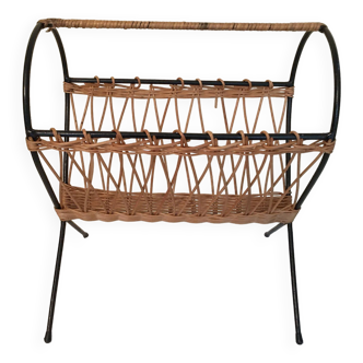 Vintage metal rattan wicker magazine holder from the 70s