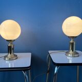 Set de 2 lampes de bureau en verre opalin doré vintage