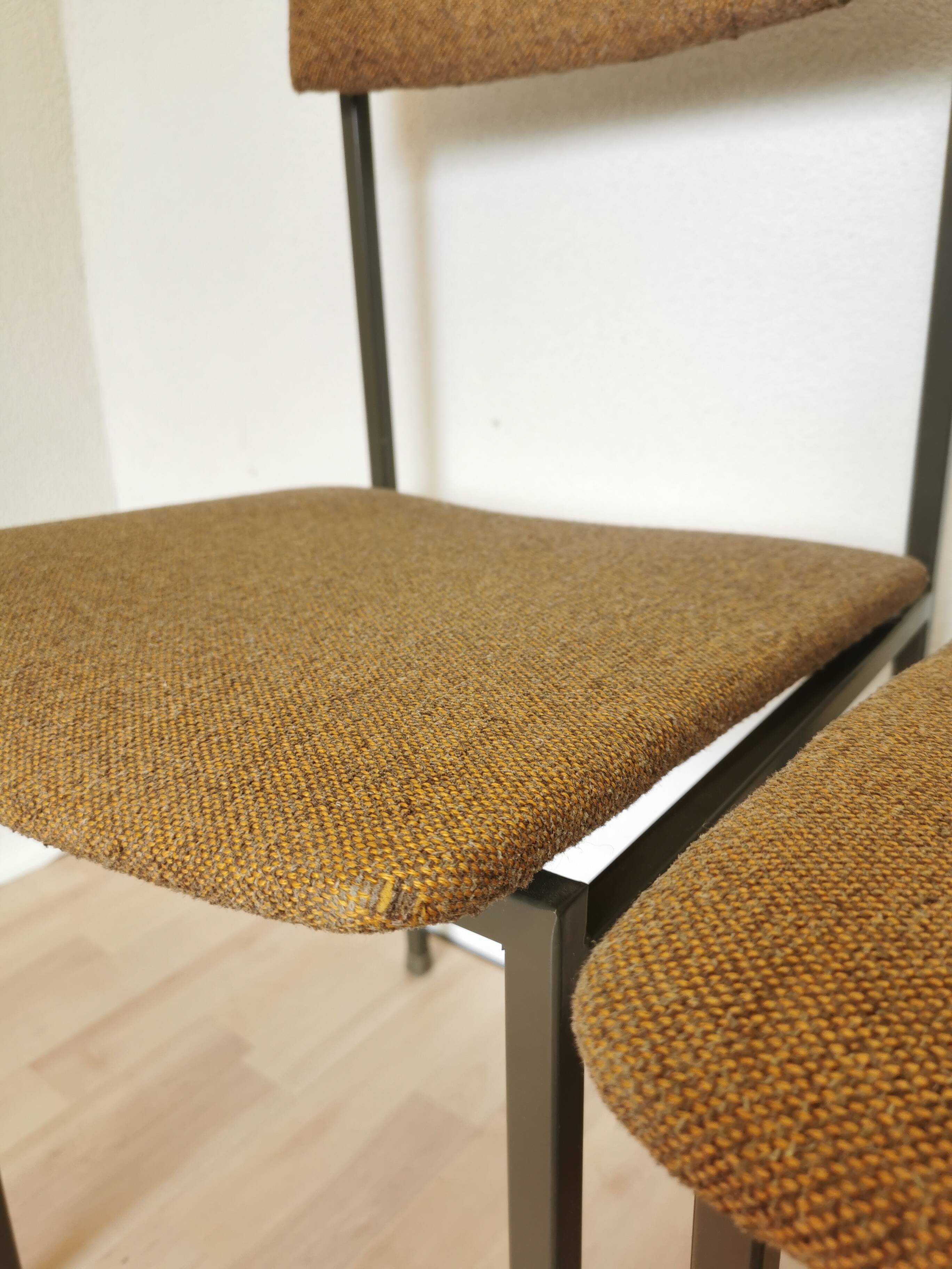 Set of 4 Vintage Industrial School Chairs: Brown Fabric, Black Metal Base