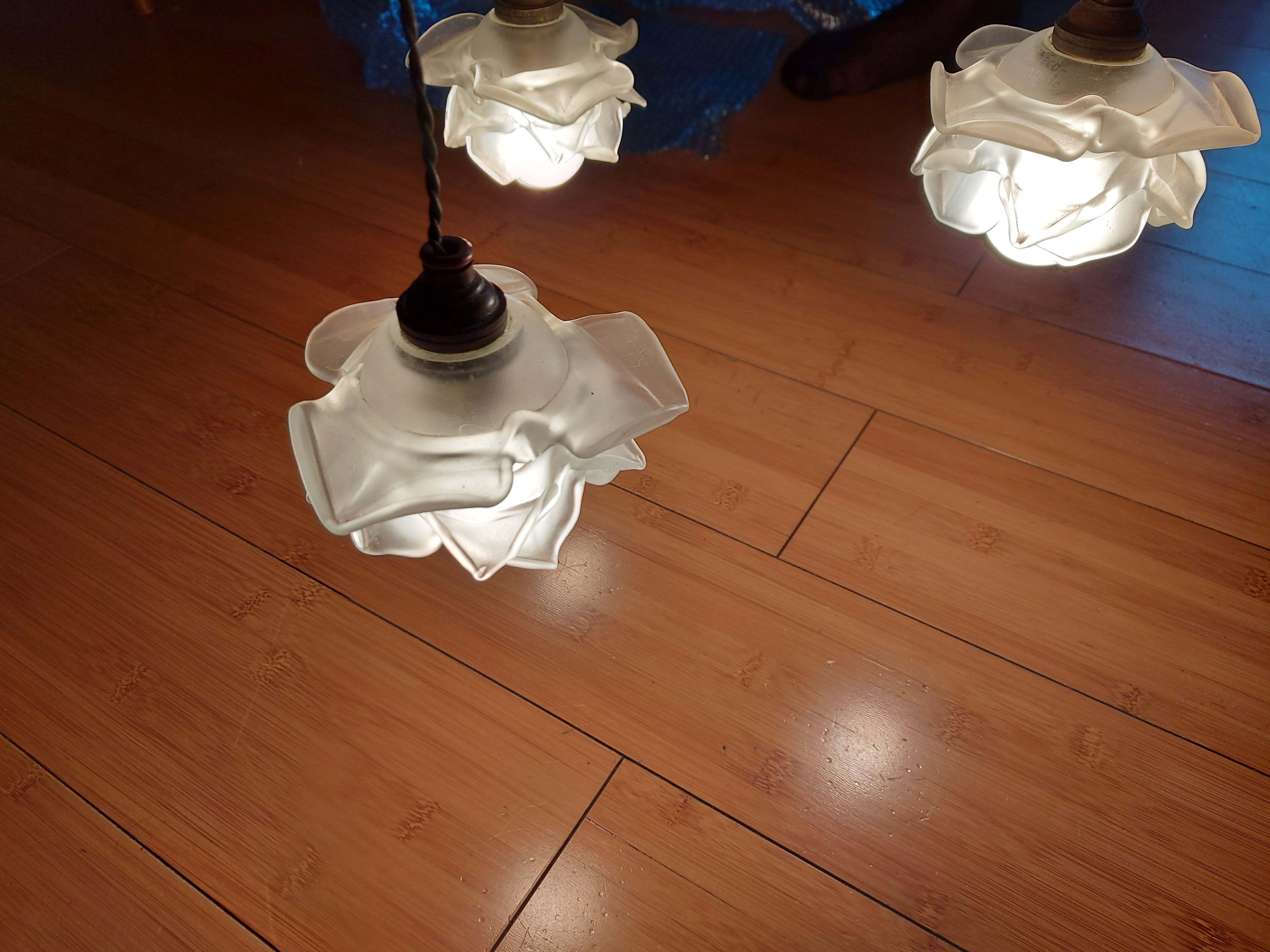 art nouveau chandelier, alabaster shells, molded glass and bronze