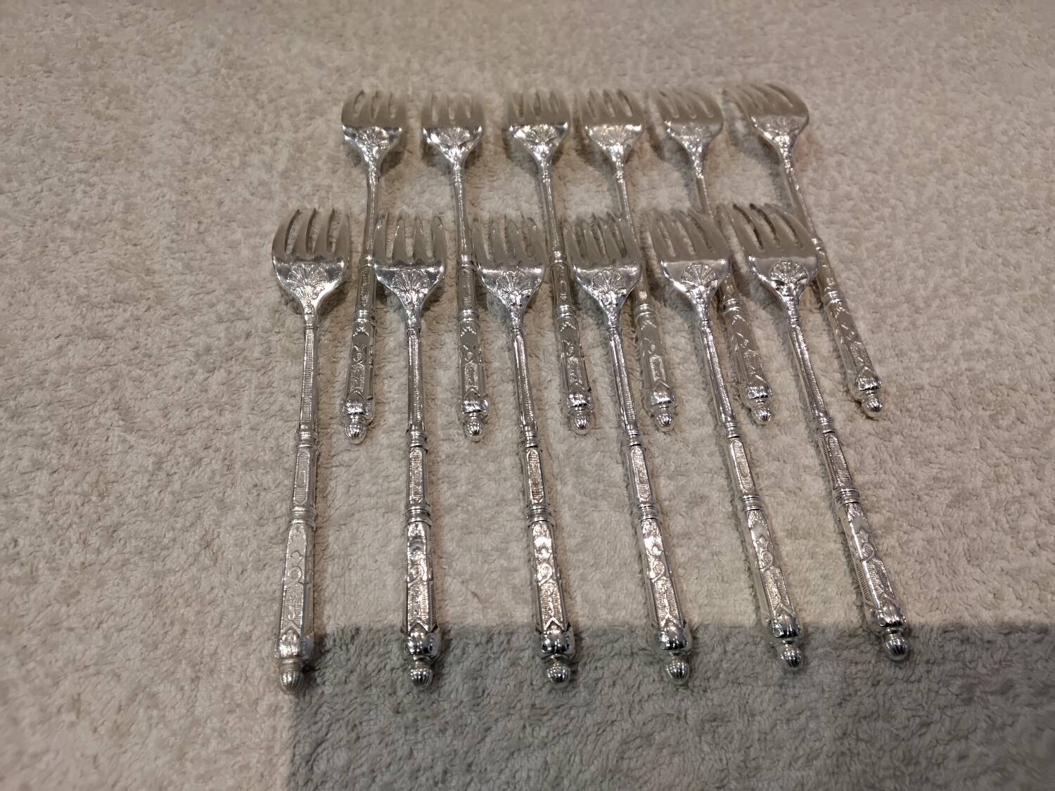 12 four-pronged lunch forks, silver-plated metal, SFAM silversmith, Russian style