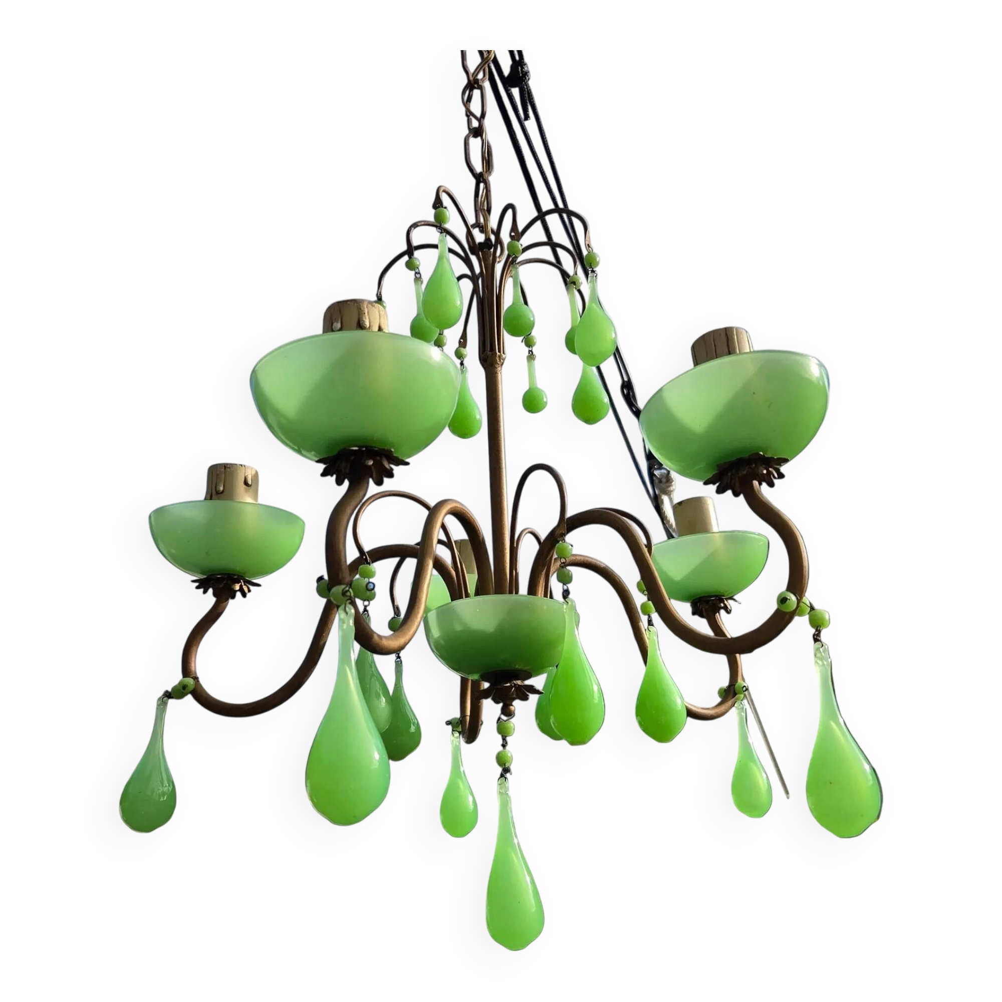 Italian chandelier with 5 lights in green opaline glass with uranium - ouraline