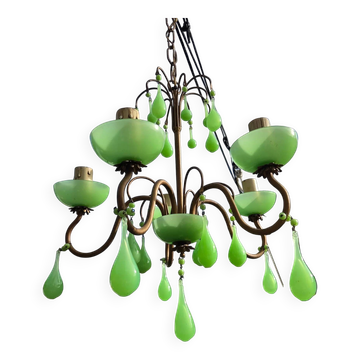 Italian chandelier with 5 lights in green opaline glass with uranium - ouraline