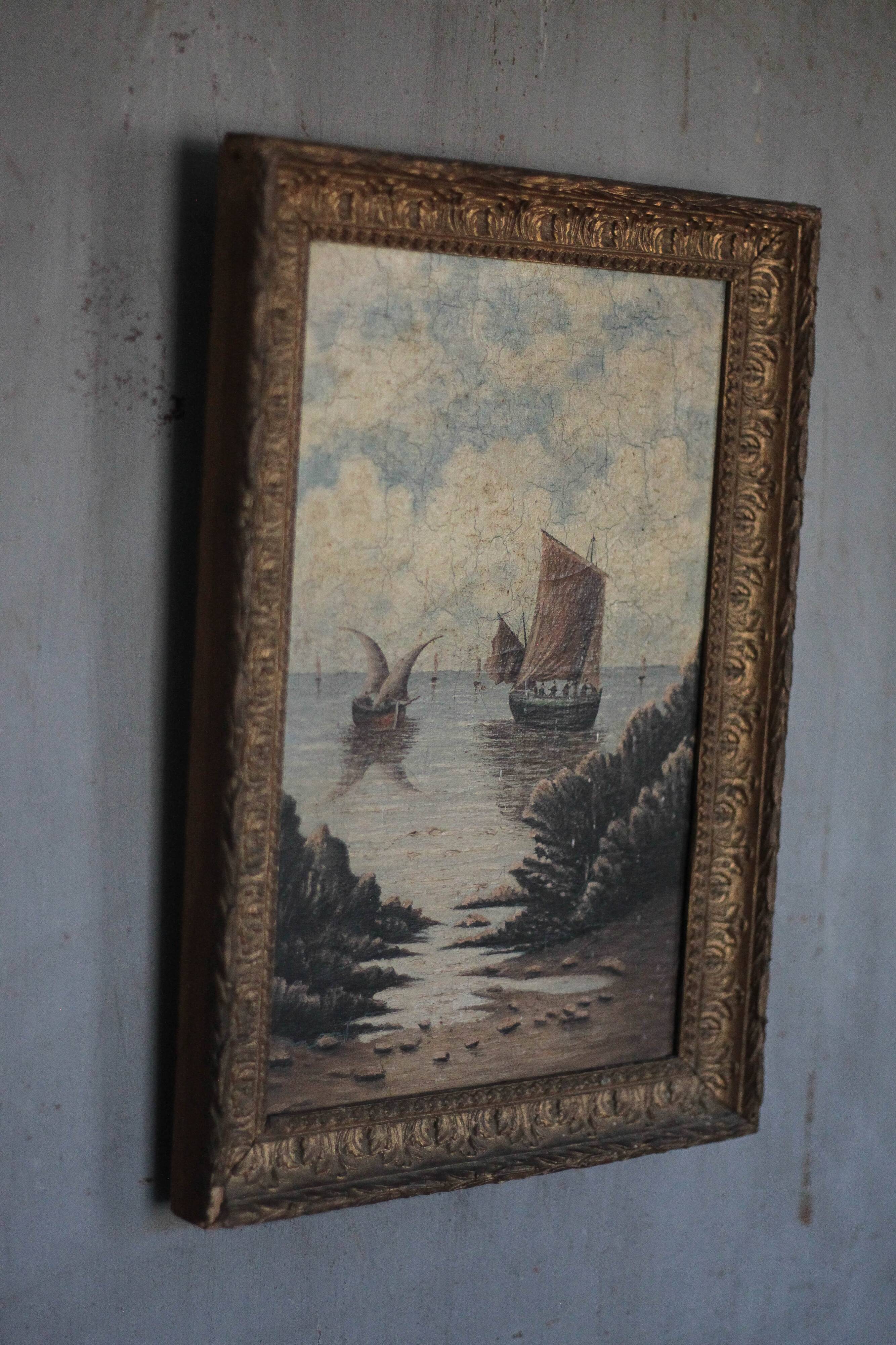 Old painting, marine painting, framed painting, wall painting, boat