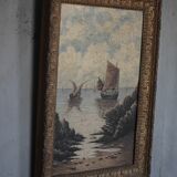 Old painting, marine painting, framed painting, wall painting, boat