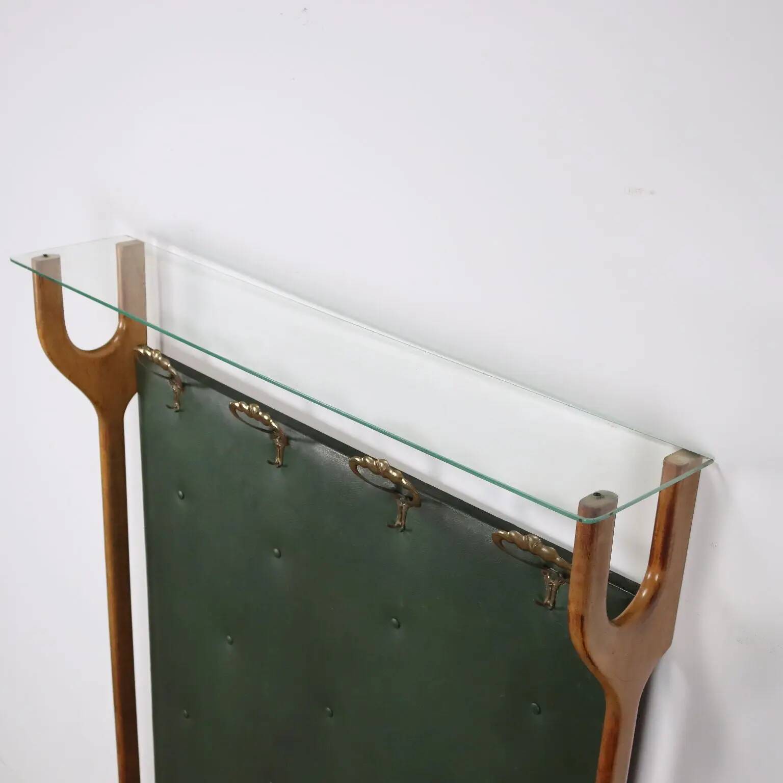 Vintage coat rack in brass, faux leather and glass, Italy, 1950s