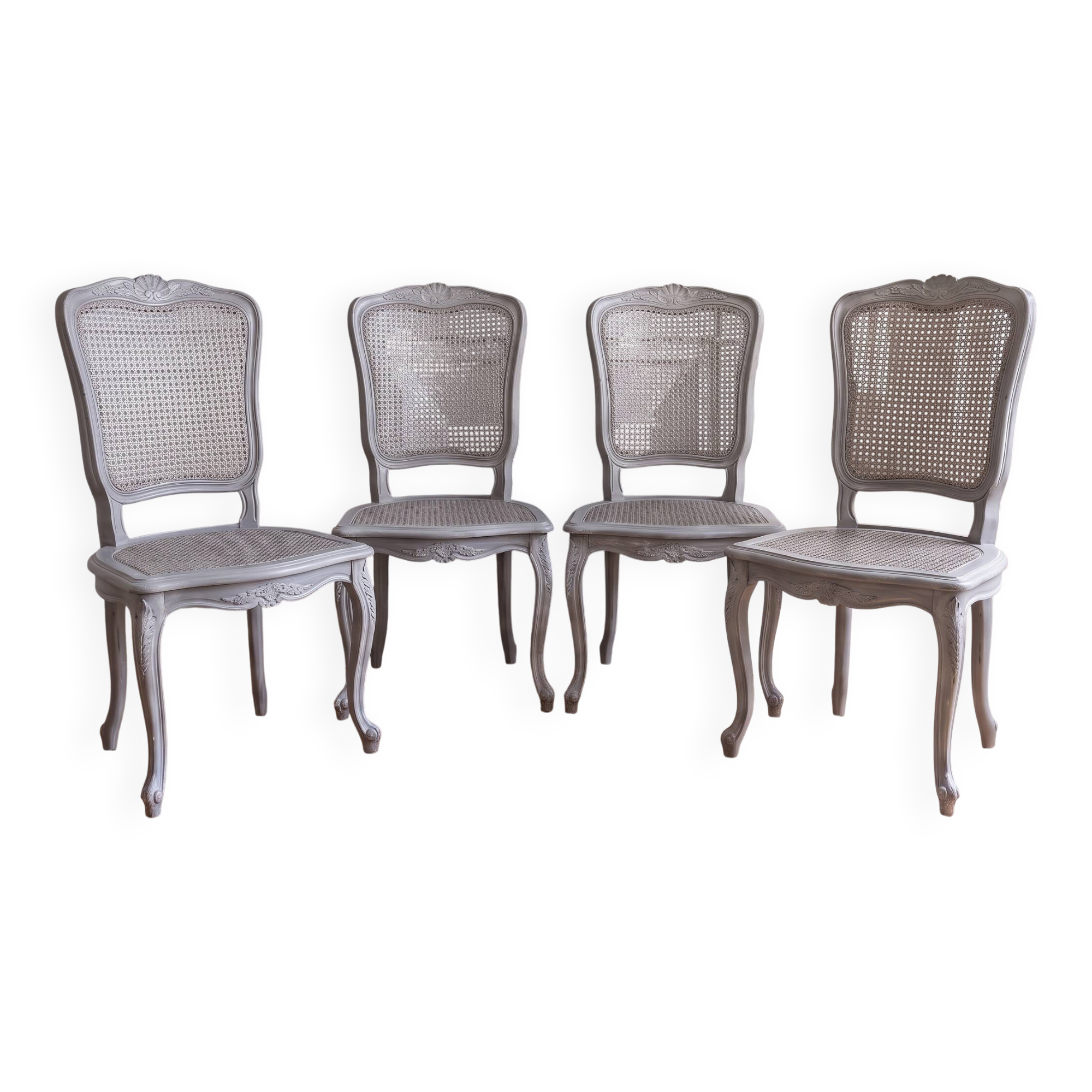 Set of 4 Louis XV chairs with light grey patinated caning.