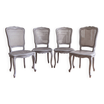Set of 4 Louis XV chairs with light grey patinated caning.