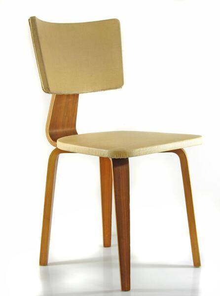 Vintage set of two Cor Alons chairs – bent plywood & blue and cream skai upholstery – 1950s Dutch design
