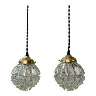 Pair of vintage glass pendant lamps