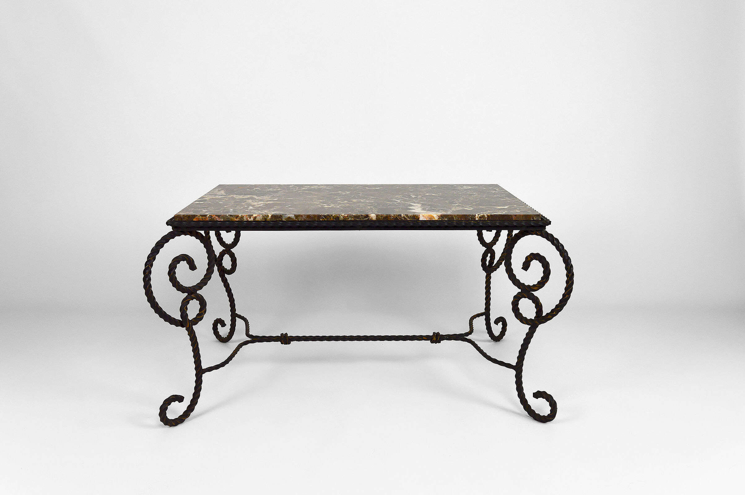 Coffee table in patinated wrought iron and marble, circa 1940