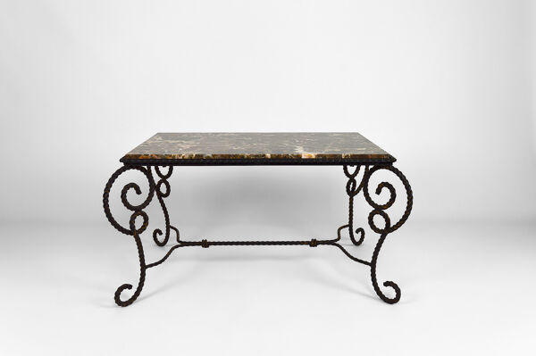 Table basse en fer forgé patiné et marbre, circa 1940