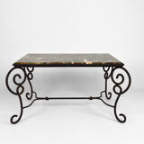 Coffee table in patinated wrought iron and marble, circa 1940