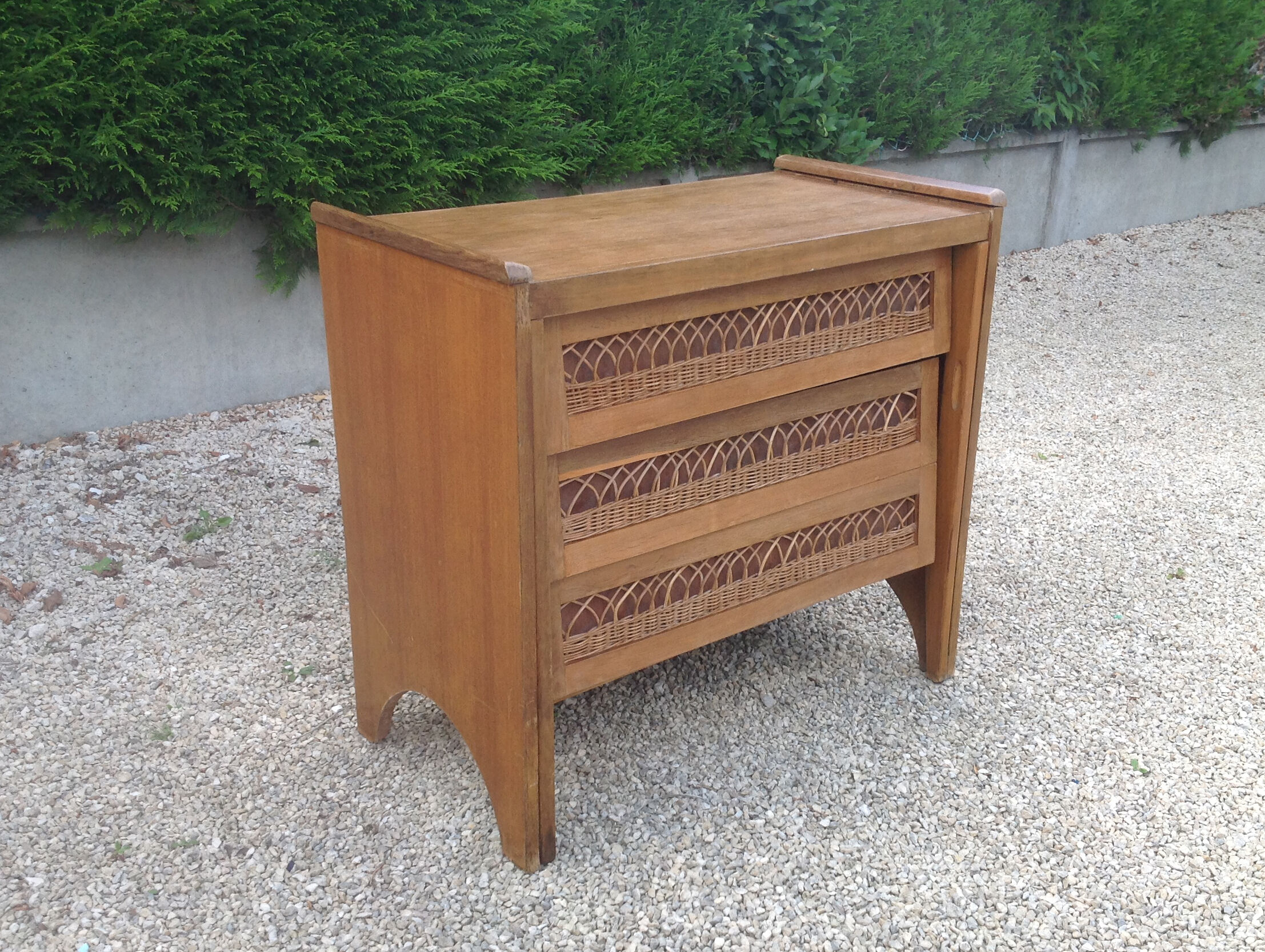 Vintage oak and rattan chest of drawers