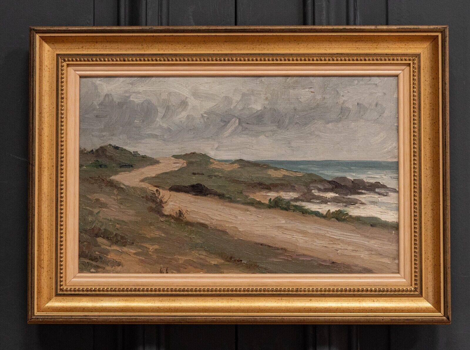 Oil on canvas seaside beach 1930 golden frame