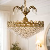 Brass and cut crystal basket chandelier, Empire style.